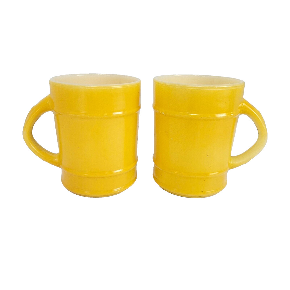 Vintage Fire-King Barrel Mugs Pair Set of 2 Yellow Anchor Hocking USA Oven Proof